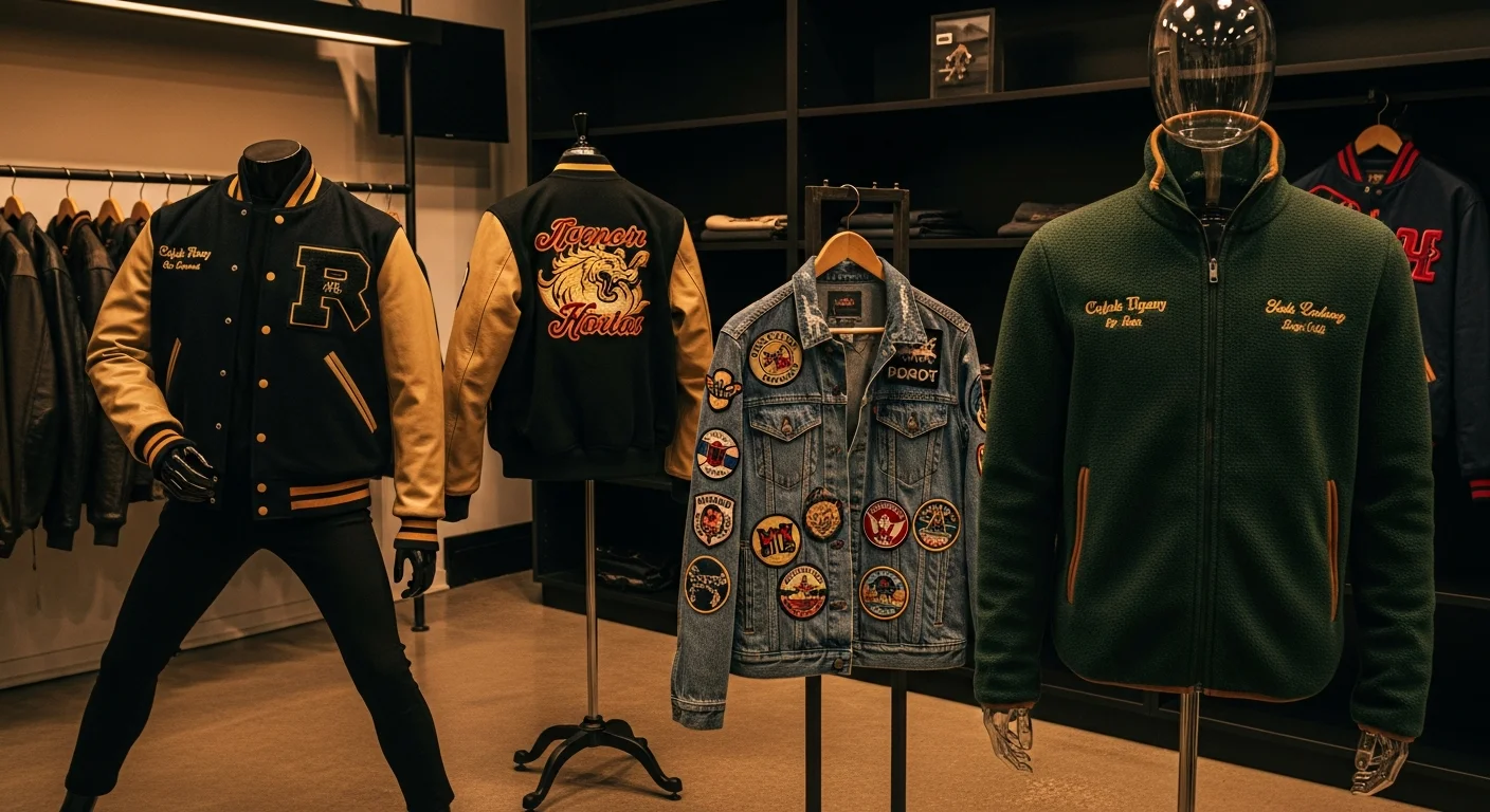 Custom jackets with personalized embroidery printing and patches including varsity bomber denim and fleece styles