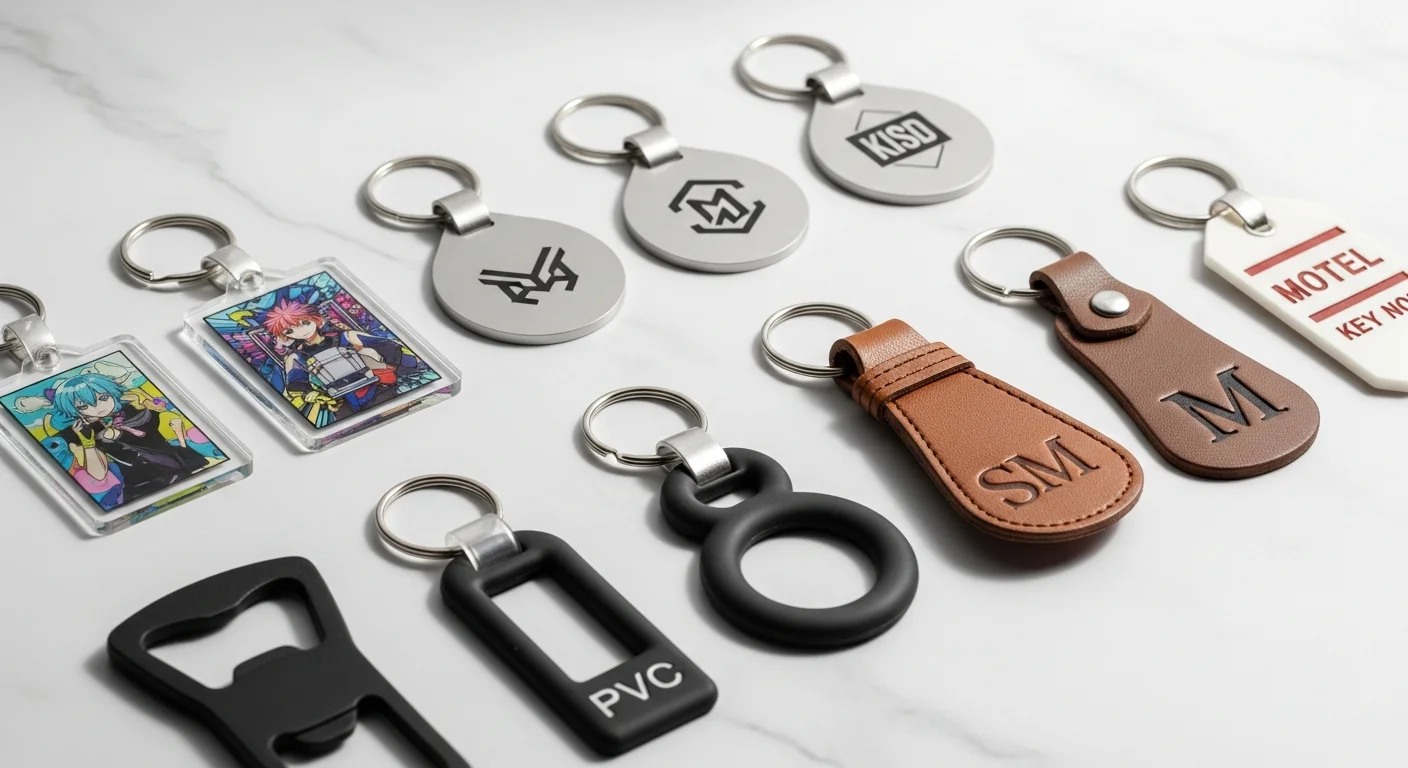 Custom keychains in acrylic metal leather and PVC including logo keychains photo keychains and retro motel tag designs