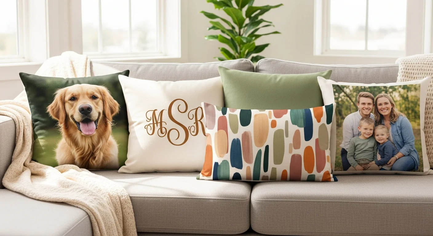 Custom throw pillows with personalized photos logos and art on premium fabrics displayed on modern sofa