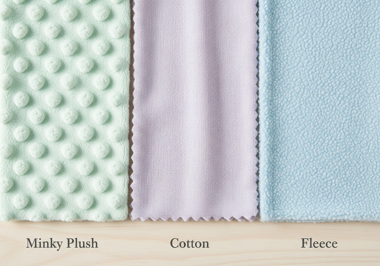 Baby blanket material options showing minky fleece cotton and muslin custom baby blanket fabrics with safety and softness comparison