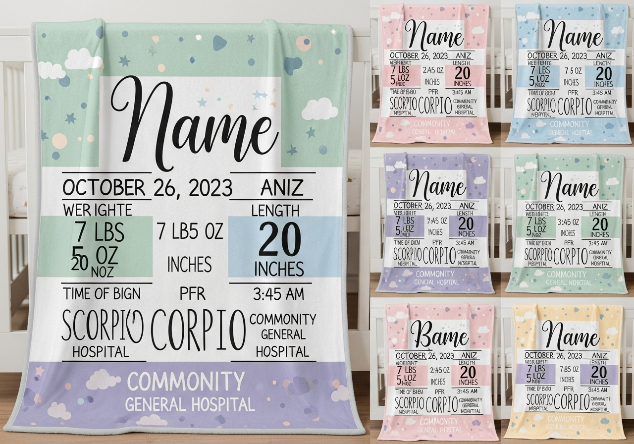 Custom baby birth stats blanket design examples showing name date weight length and time of birth typography layouts in various nursery color schemes