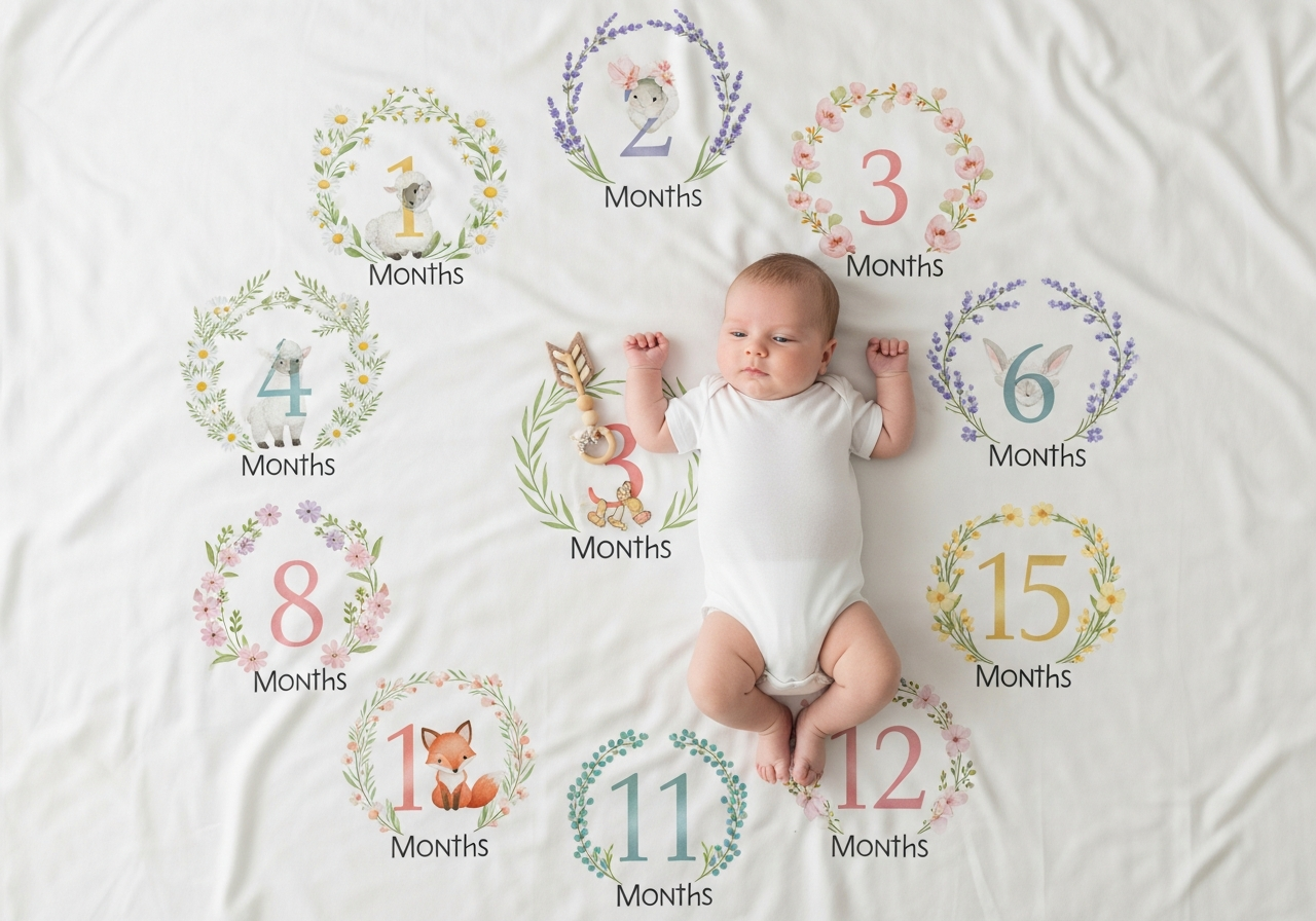 Monthly milestone blanket layout options for baby photos showing circular arc and grid arrangements with month numbers and decorative elements