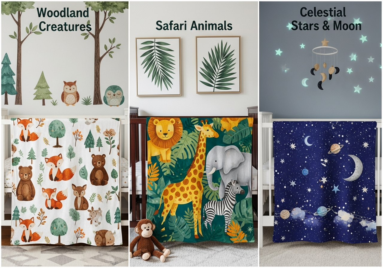 Nursery theme coordination showing custom baby blankets matching woodland floral celestial and safari nursery décor color schemes and design elements