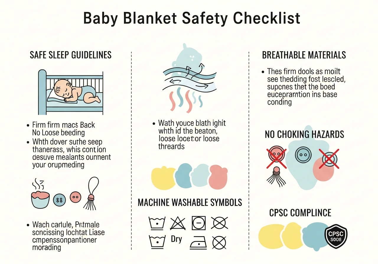 Baby blanket safety standards checklist showing CPSC compliance hypoallergenic material requirements washing guidelines and safe nursery use recommendations