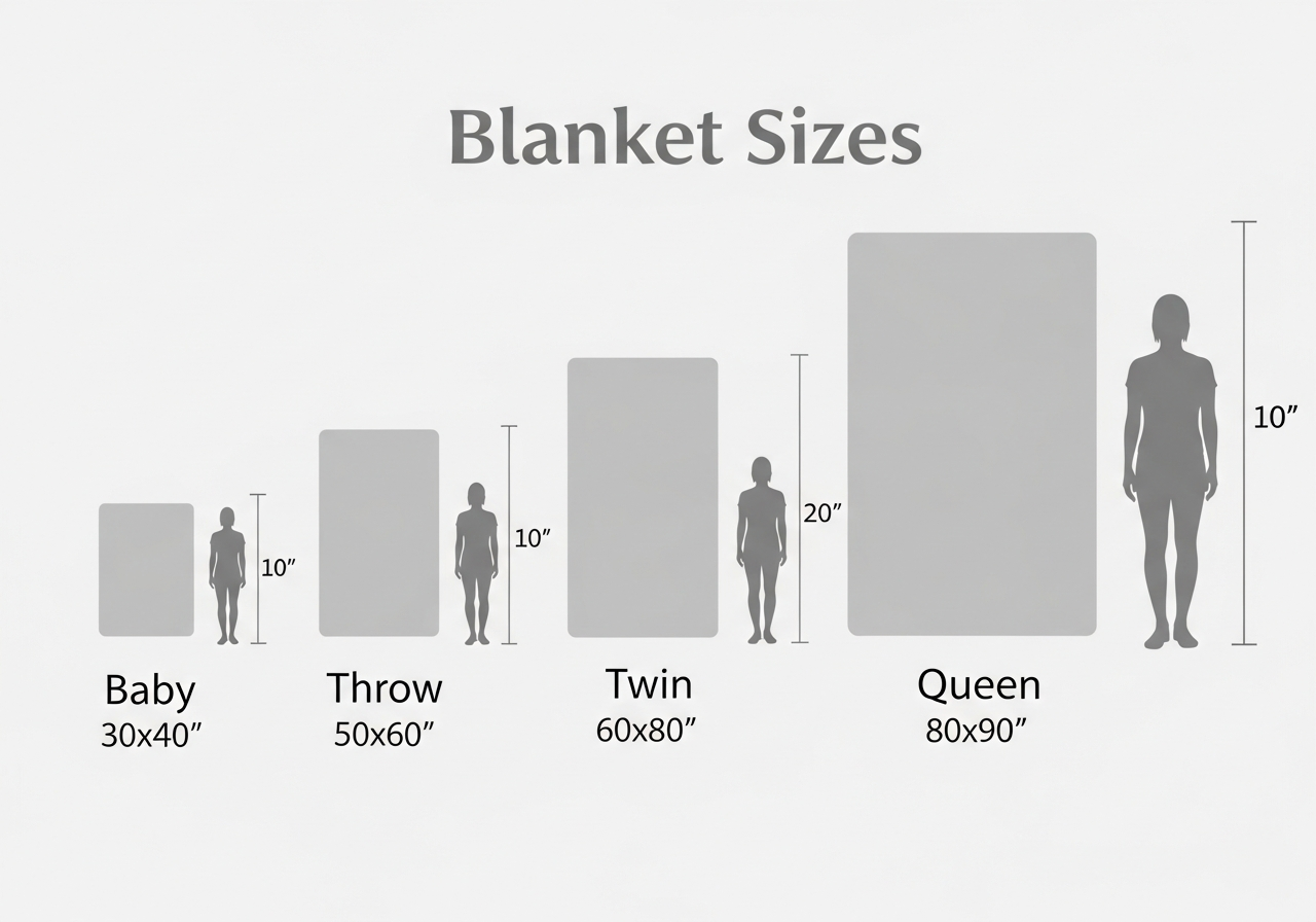 Custom blanket size comparison diagram showing throw twin queen and baby blanket dimensions with use case recommendations