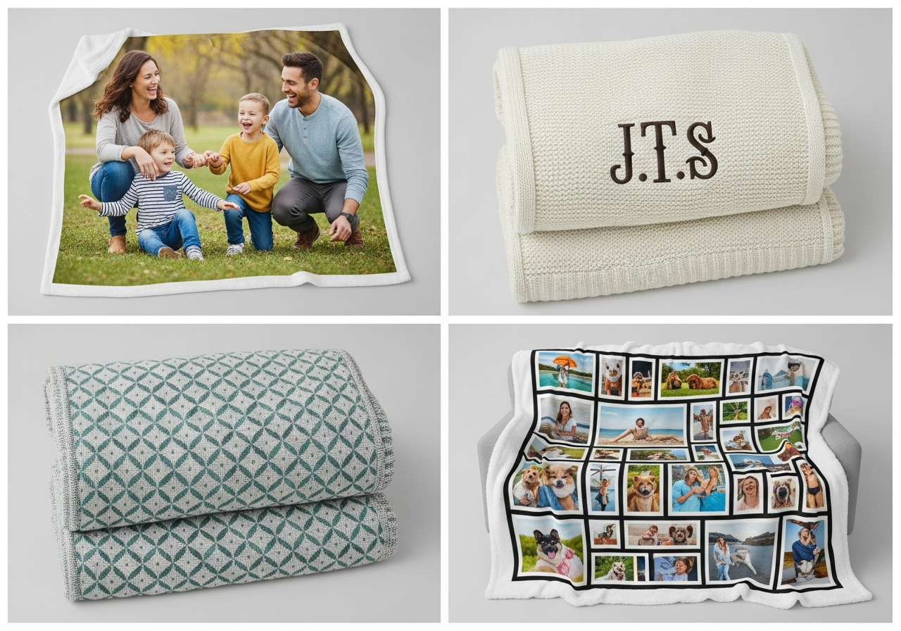 Grid showing custom blanket customization types including photo collage text monogram graphic design and combination layout examples