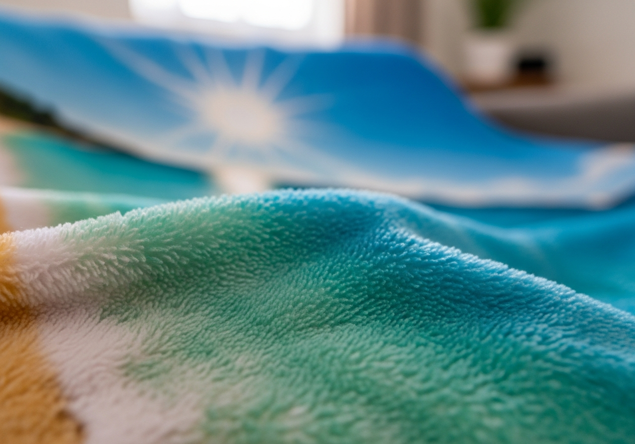 Close-up of custom fleece blanket texture showing smooth anti-pill polar fleece surface with vibrant sublimation printed design detail