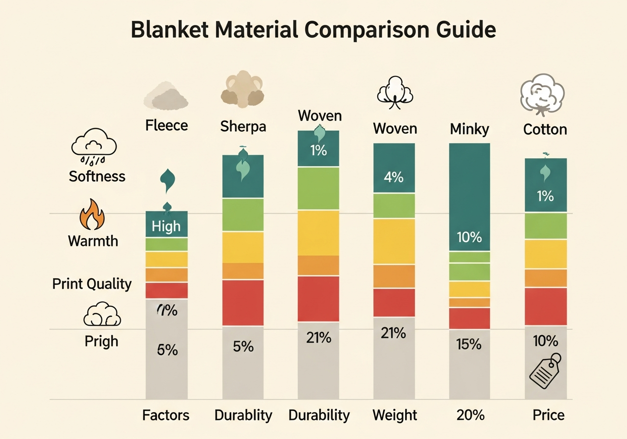 Custom blanket material comparison chart showing fleece sherpa woven minky and cotton ratings for softness warmth print quality durability and price