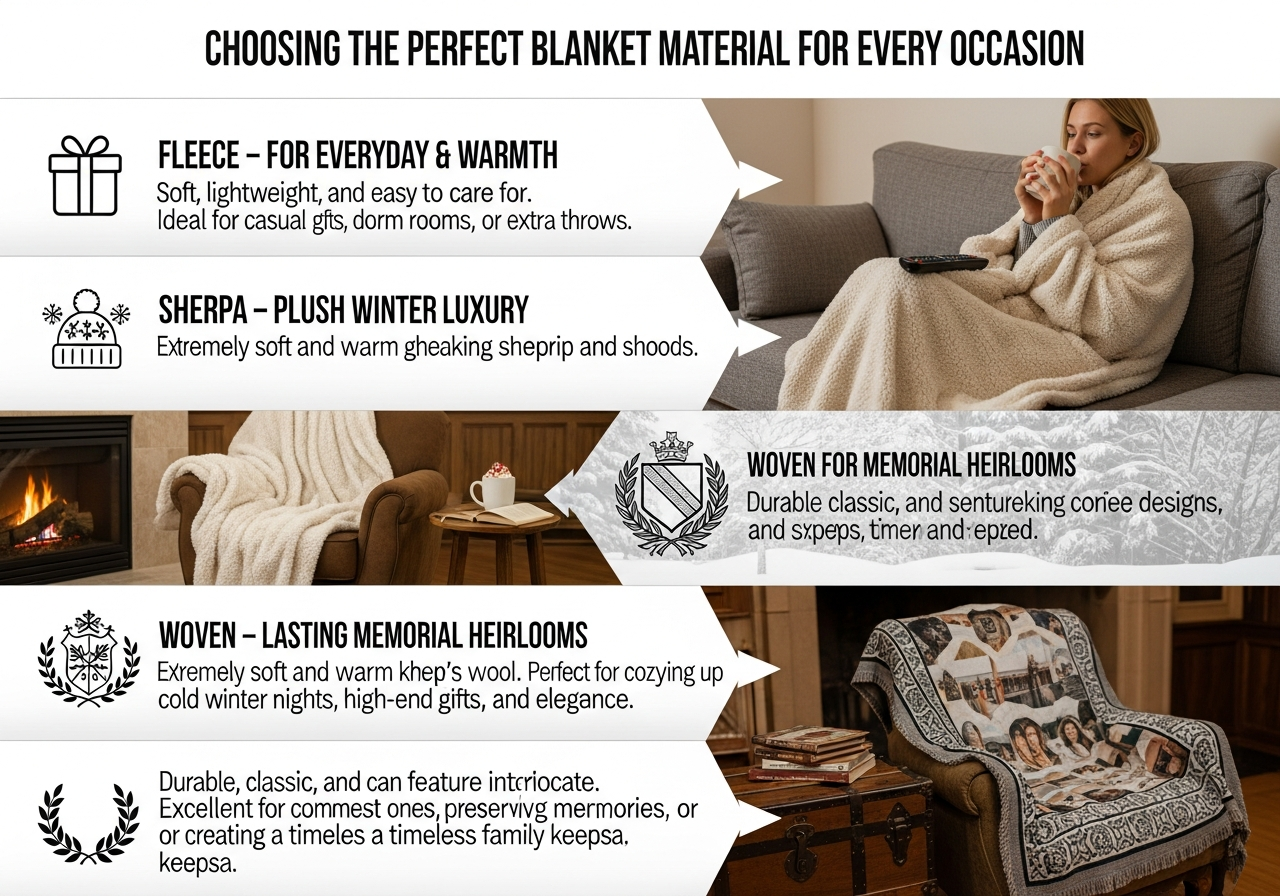 Custom blanket material occasion guide showing fleece for everyday sherpa for gifts woven for heirlooms minky for babies and cotton for summer use