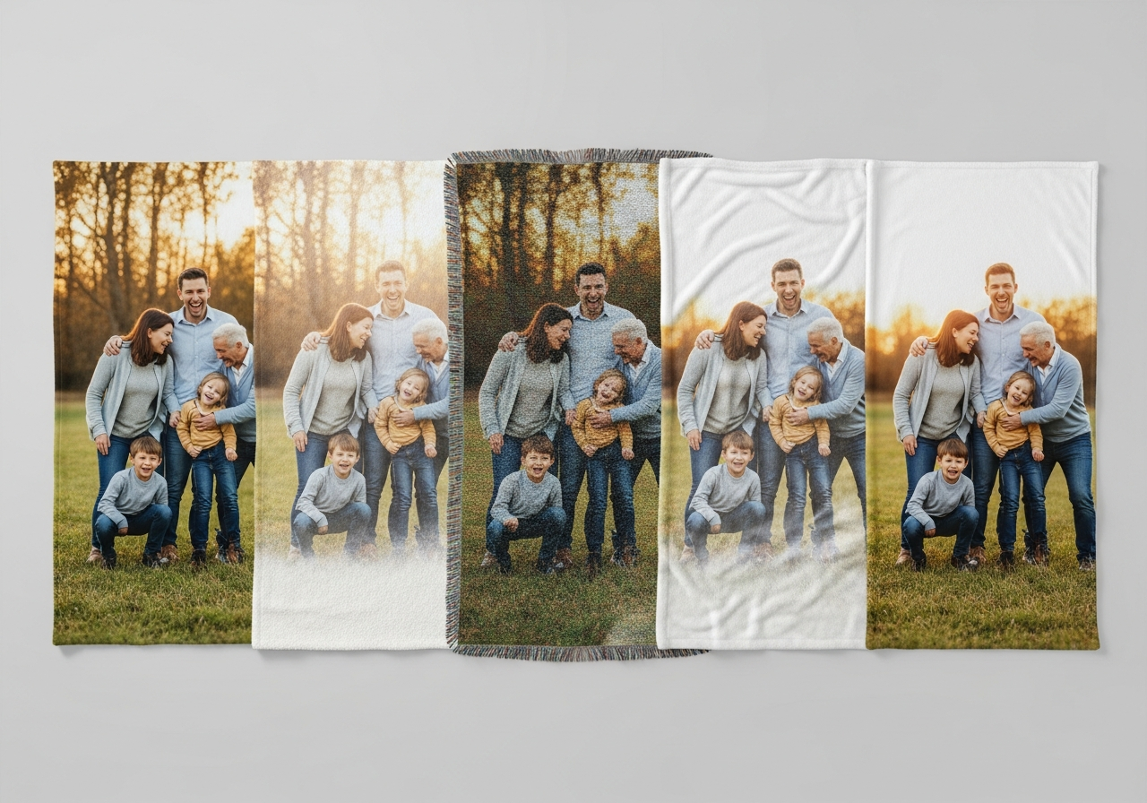 Print quality and longevity comparison by blanket material showing sublimation on fleece versus woven construction versus DTG on cotton durability over wash cycles