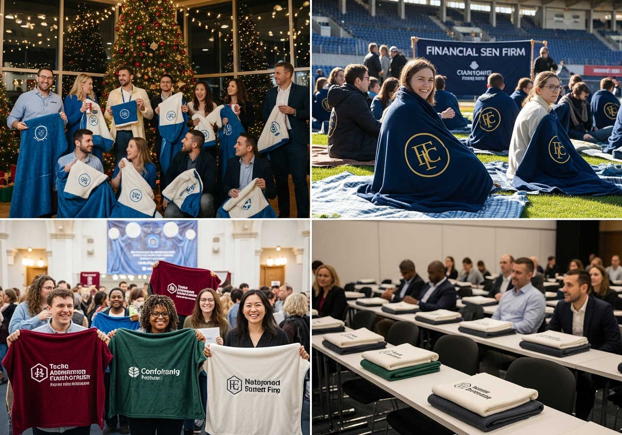 Corporate branded blanket case study examples showing tech company onboarding kit financial services client gift and nonprofit fundraiser blanket programs