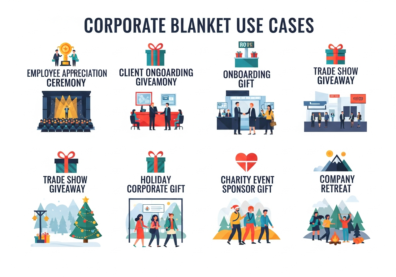 Corporate branded blanket gift use cases including employee appreciation trade show giveaway and client retention gift examples