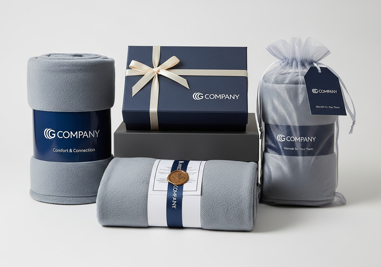 Corporate branded blanket packaging and presentation options including gift boxes ribbon tied rolls and custom mailer boxes