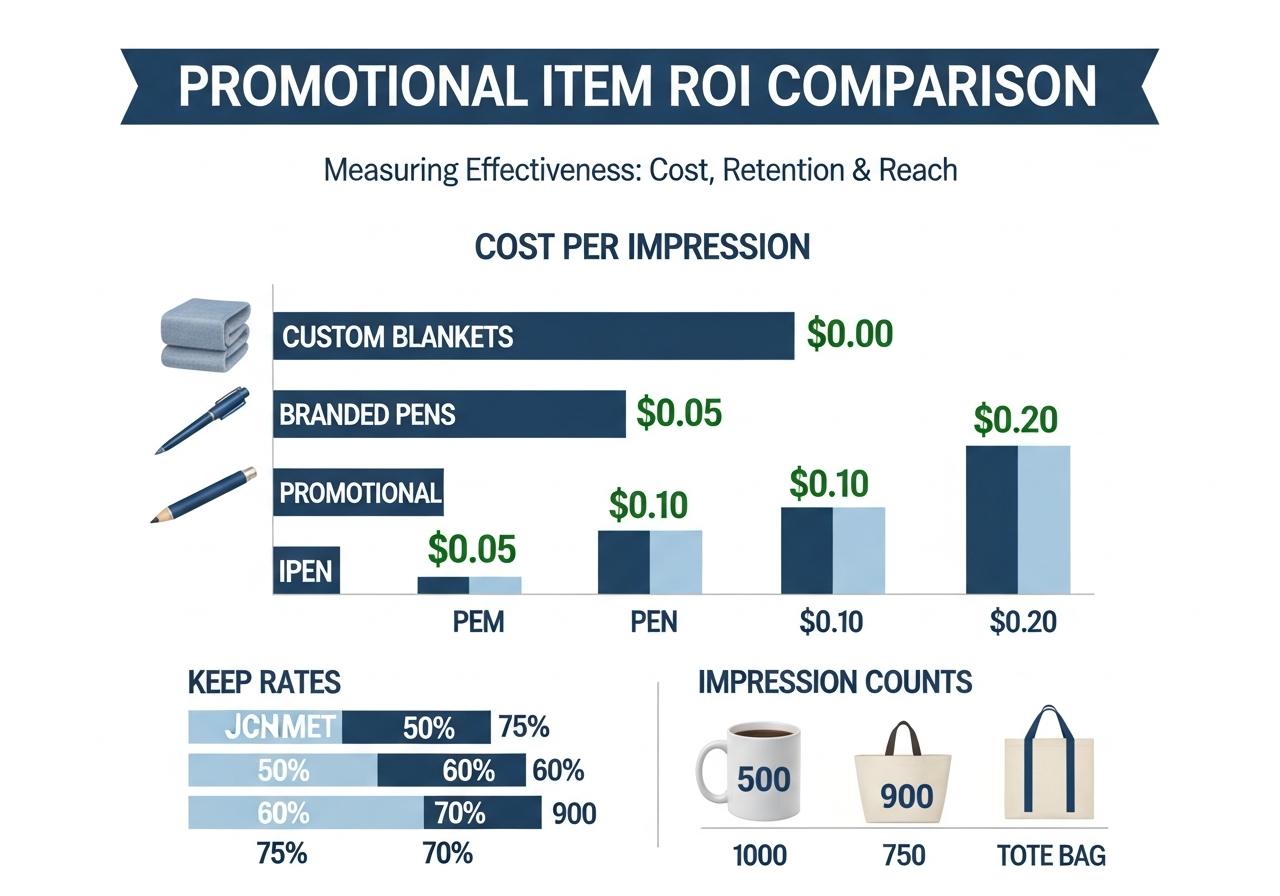ROI comparison chart showing corporate branded blankets versus pens tote bags and tech accessories measuring cost per impression and product lifespan