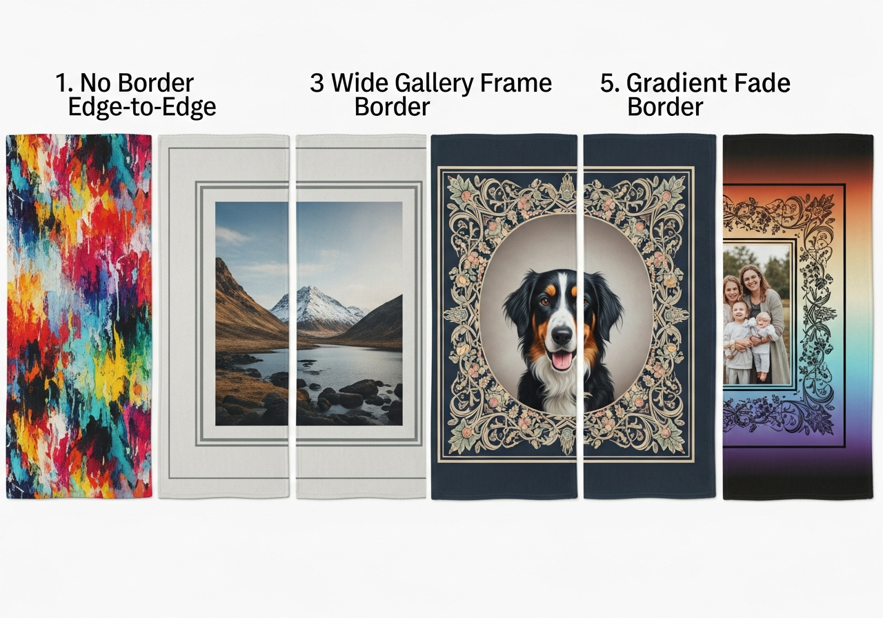 Border and frame design options for custom blankets including solid color borders patterned frames and decorative corner elements
