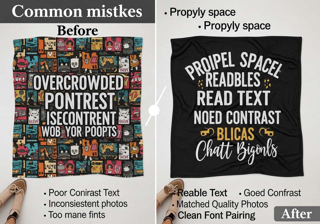 Common custom blanket design mistakes before and after comparison showing overcrowding low resolution poor color contrast and text placement errors