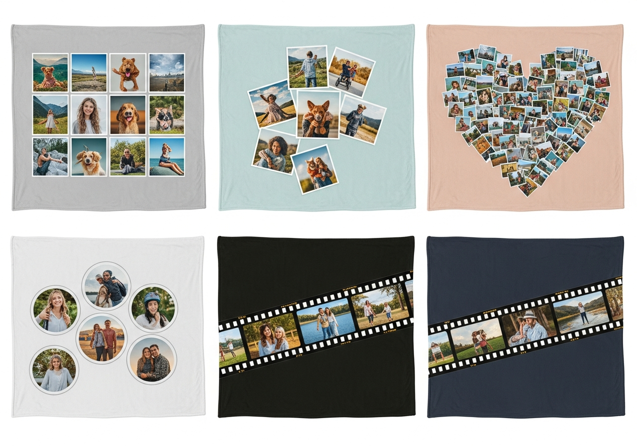 Custom blanket layout options comparison showing single image collage grid heart shape and scattered photo blanket designs