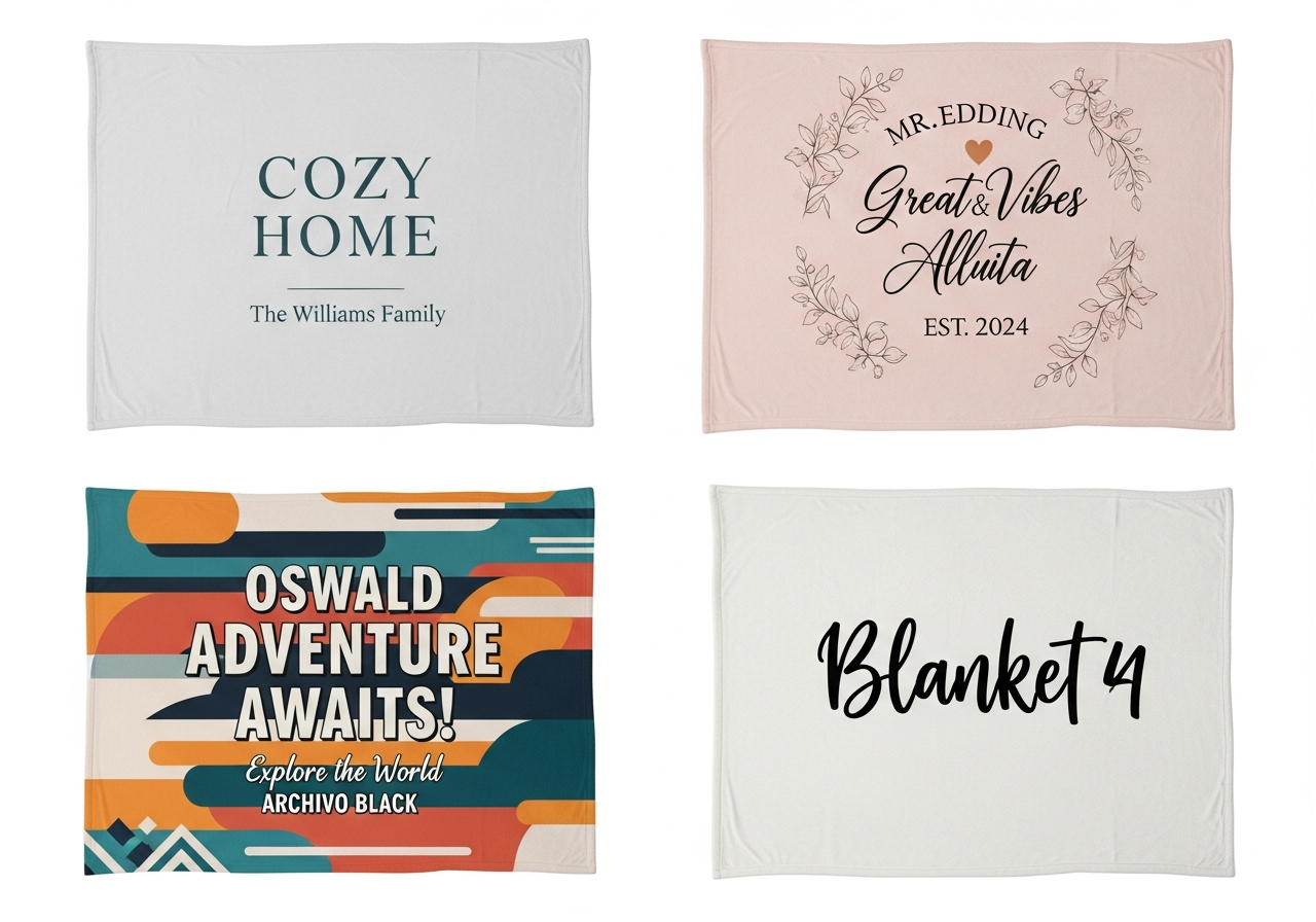 Typography and font selection examples for custom blankets showing serif sans-serif and script font blanket pairings on different background colors