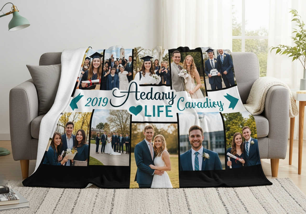 Celebration of life blanket designs featuring vibrant photo collages bright colors and joyful imagery honoring loved ones memories