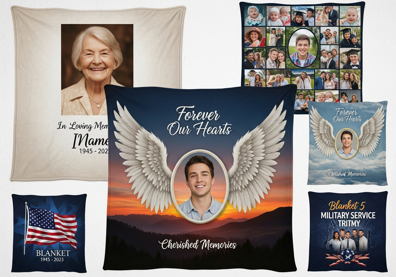Memorial blanket design ideas showing single portrait collage timeline and photo with quote layout options for remembrance blankets