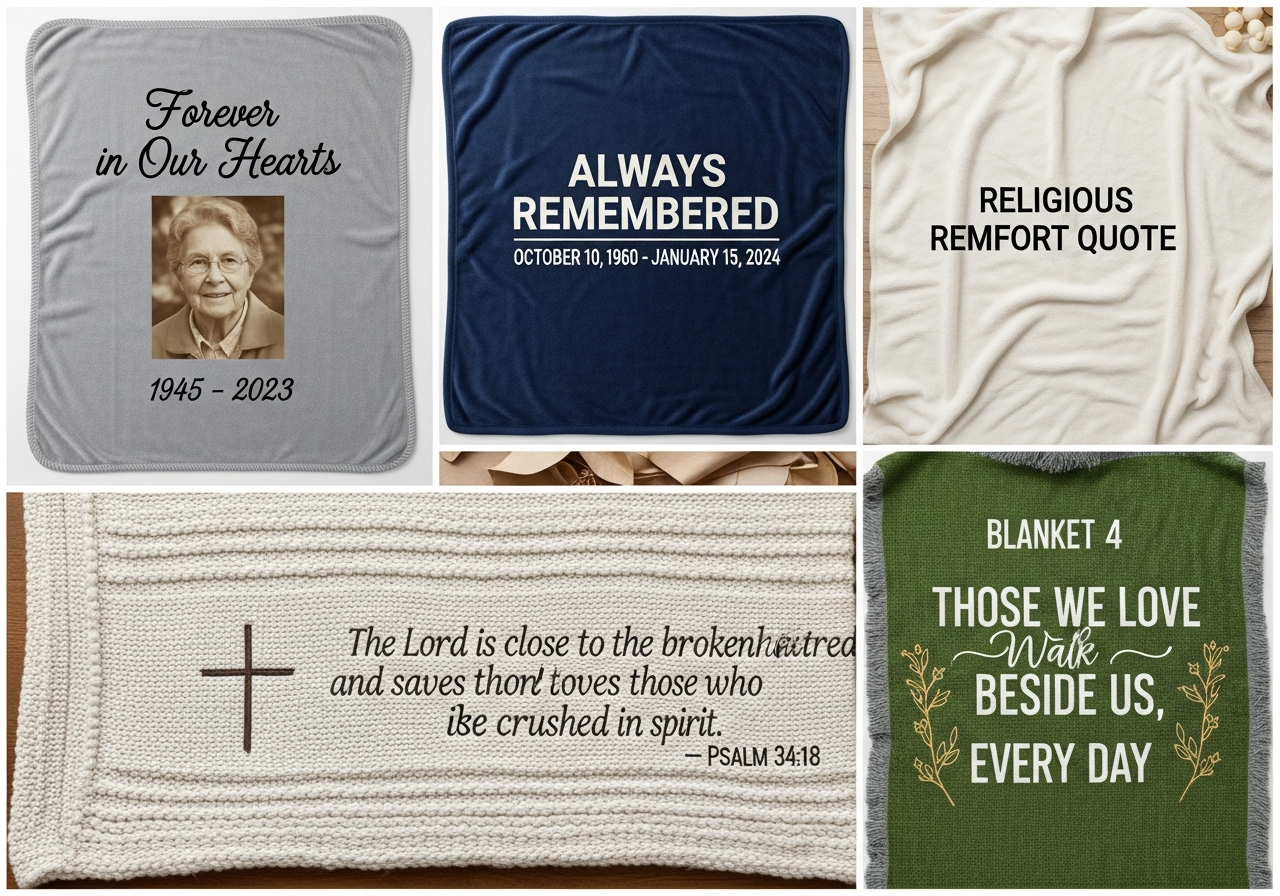 Memorial blanket quote examples showing in loving memory forever in our hearts and personalized remembrance text options with different typography styles
