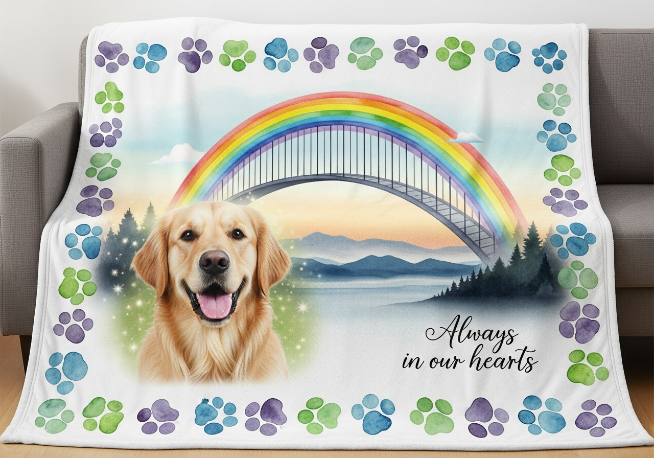 Pet memorial blanket designs featuring dog portrait cat memorial and multi-pet collage remembrance blankets with paw print motifs