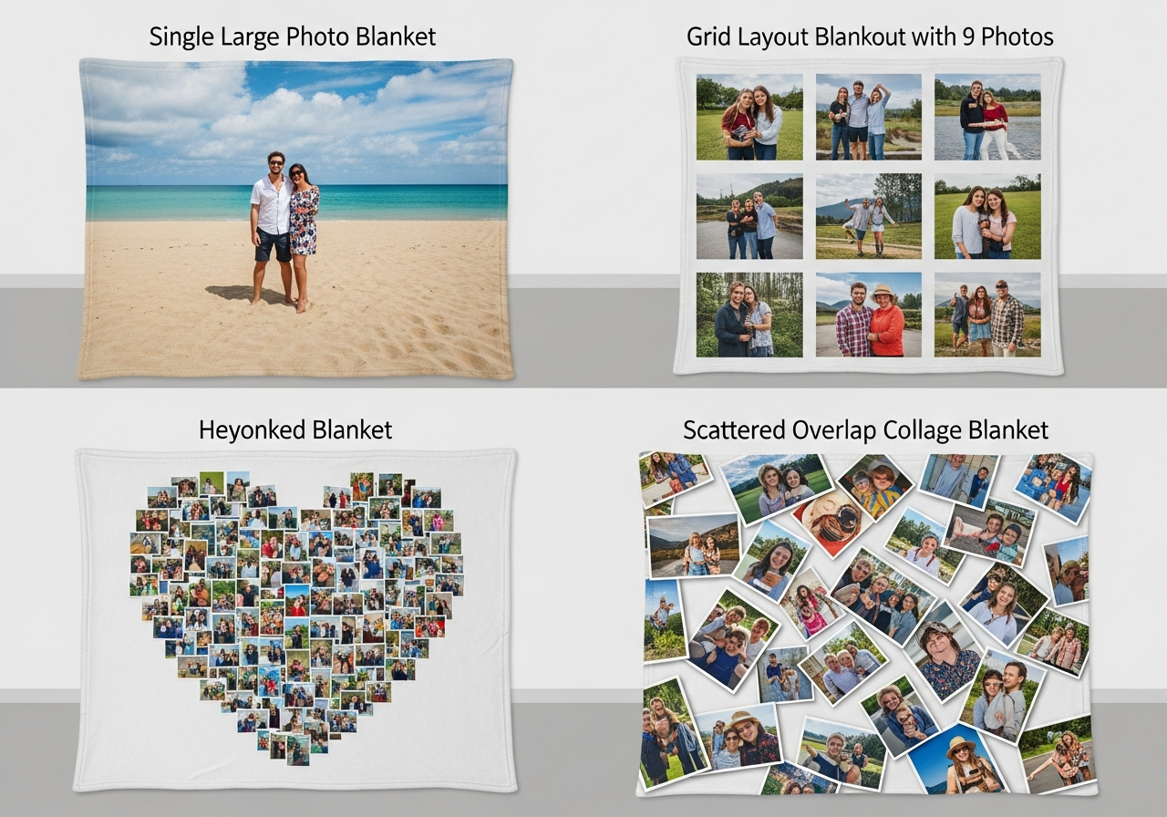 Photo blanket collage layout options comparison showing single image grid heart shape and scattered photo arrangement styles