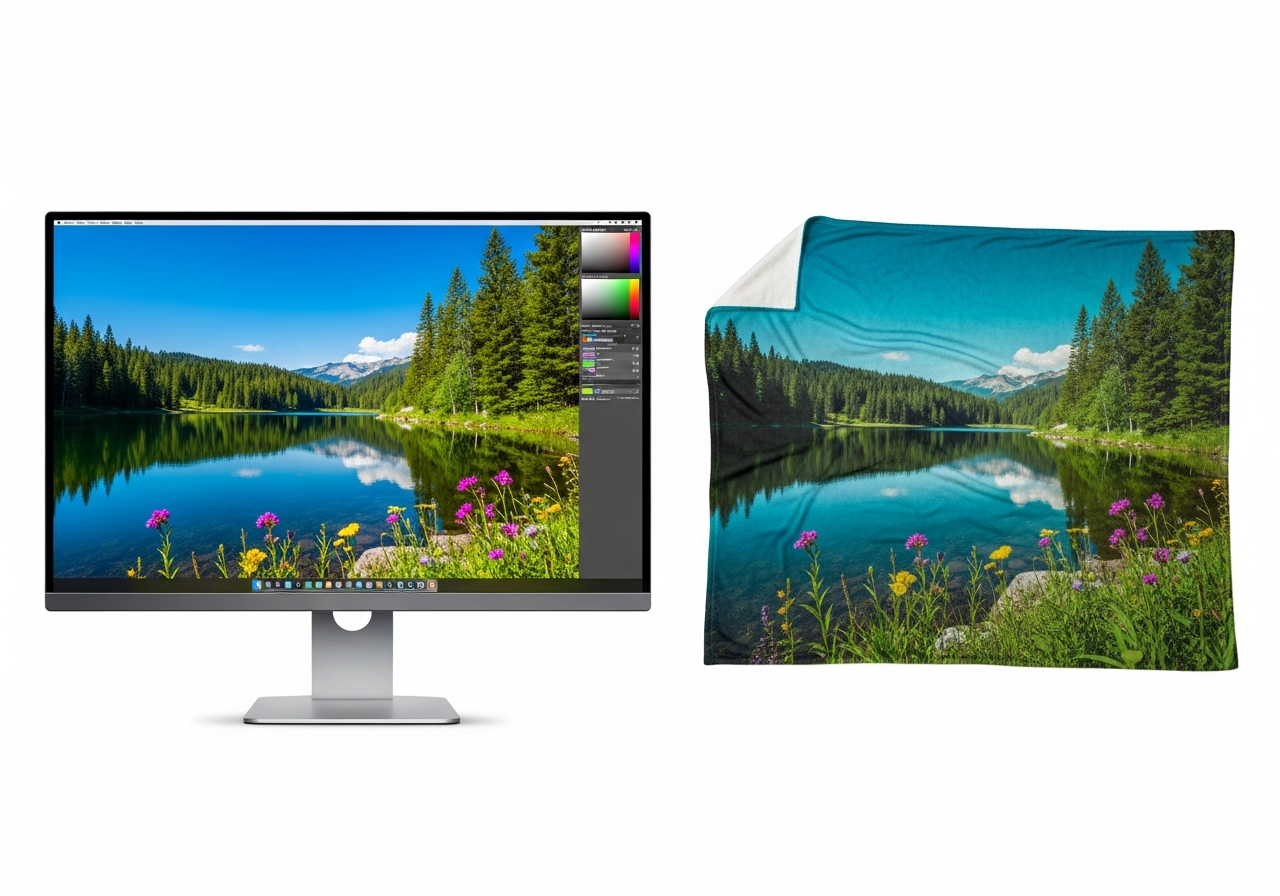 Color accuracy comparison showing monitor RGB display versus sublimation printed photo blanket fabric colors with sRGB color profile guidance