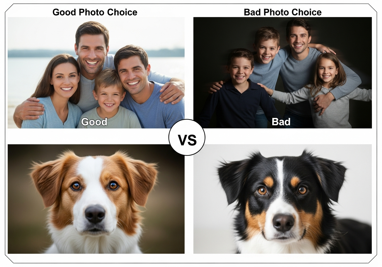 Examples of good versus poor photo selection for custom photo blankets showing well-lit high-contrast images versus dark underexposed photos