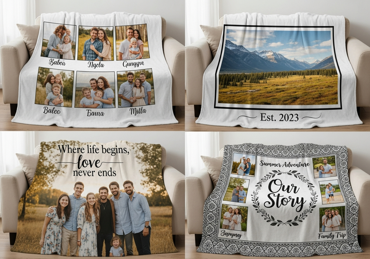 Examples of text placement on photo blankets showing names dates quotes and captions integrated with collage layouts and single photos