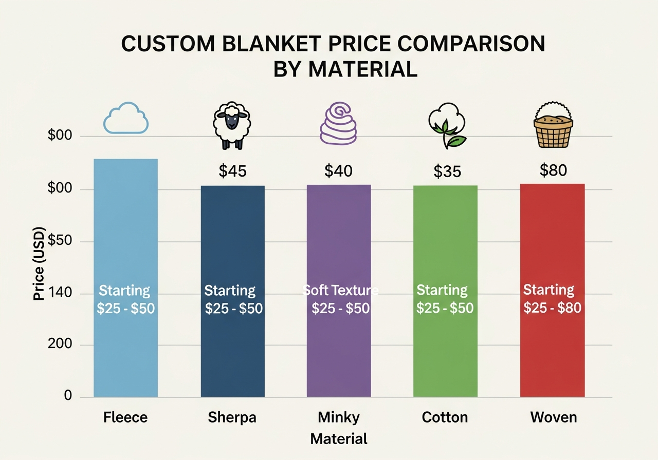Custom blanket pricing by material comparison chart showing fleece sherpa woven and minky blanket cost ranges for throw and queen sizes