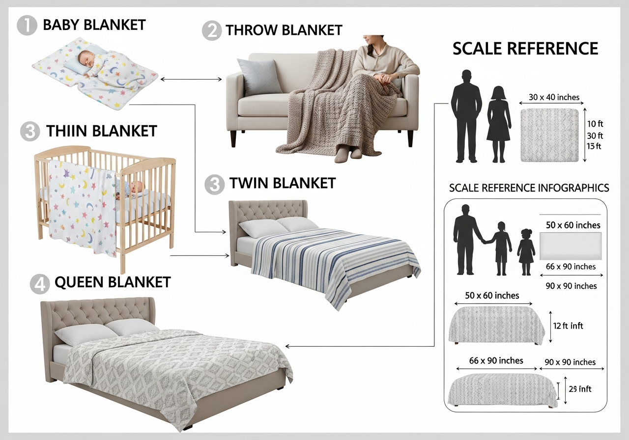Custom blanket size comparison diagram showing baby throw twin and queen dimensions with scale reference and common use cases