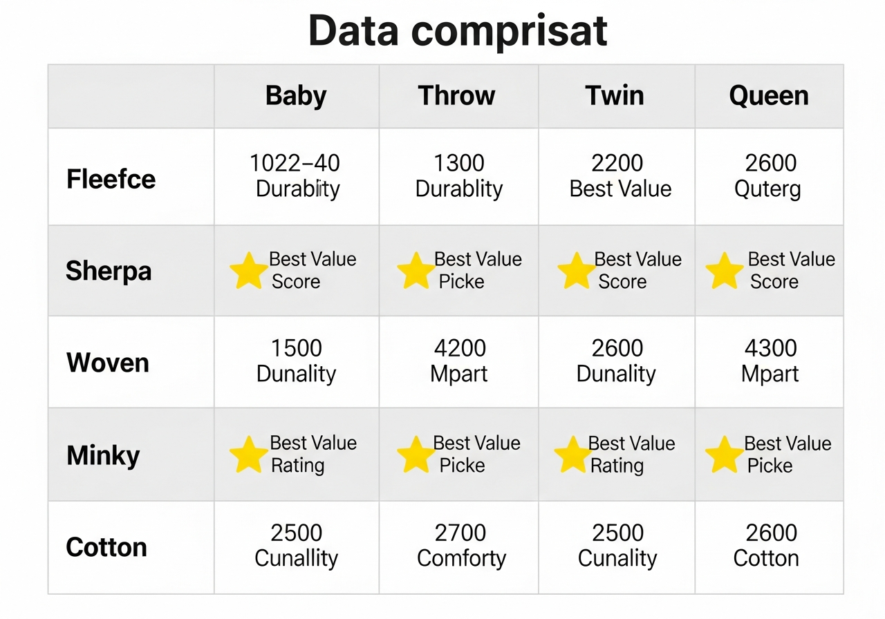Custom blanket value comparison matrix showing price quality durability and satisfaction ratings across fleece sherpa and woven materials at different sizes