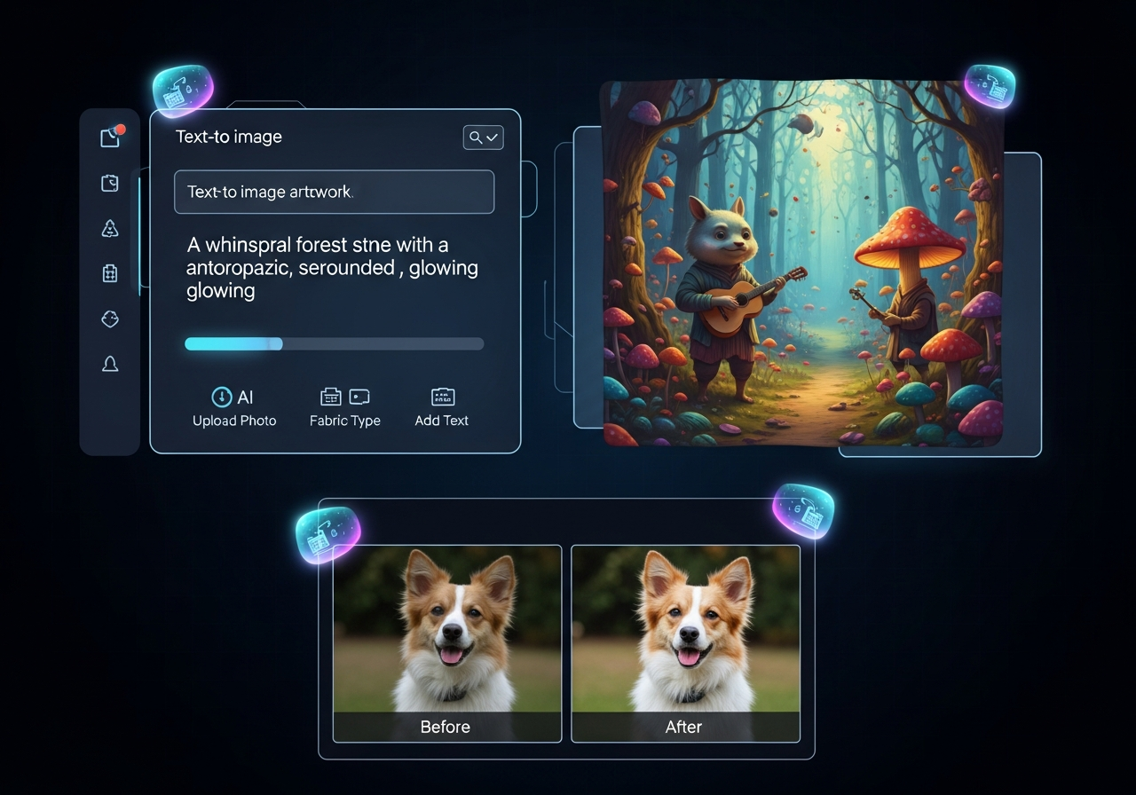AI-powered blanket design tool interface showing text-to-image blanket generation automatic photo enhancement and smart layout suggestions
