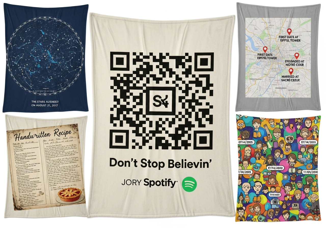 Hyper-personalization blanket ideas showing star map coordinates recipe handwriting and custom illustration personalized blanket designs