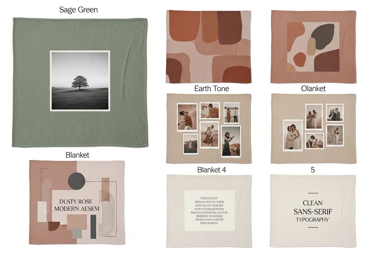 Minimalist custom blanket design examples showing neutral tone earth tone and modern aesthetic blanket layouts with clean typography
