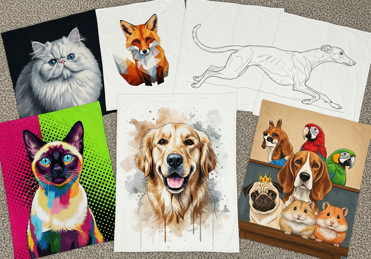 Pet portrait blanket design styles showing realistic photo print watercolor illustration pop art and minimalist line art pet blanket trends