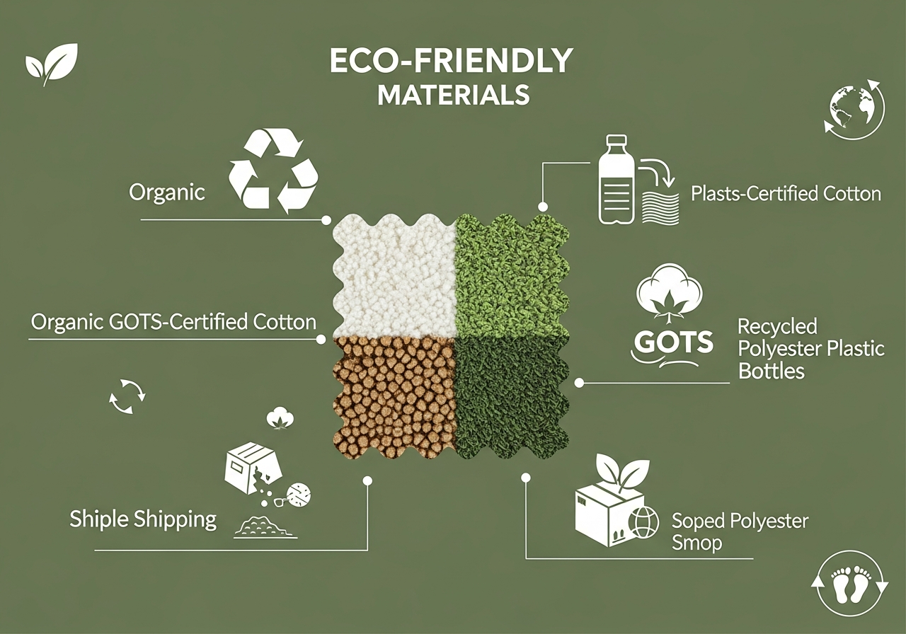 Sustainable blanket materials infographic showing recycled polyester organic cotton and bamboo fiber eco-friendly blanket options with environmental impact data
