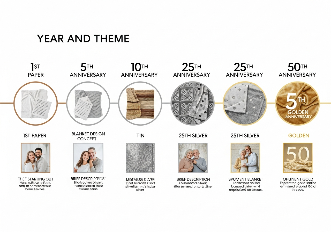 Anniversary milestone blanket timeline design ideas showing first 10th 25th silver and 50th golden anniversary custom blanket layouts with photo progressions