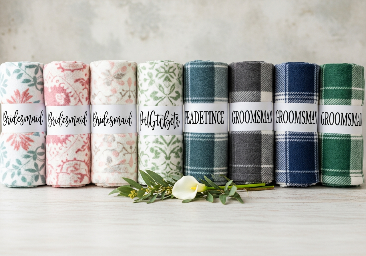 Custom bridal party gift blankets showing matching bridesmaid and groomsmen personalized throws with individual names and wedding date details