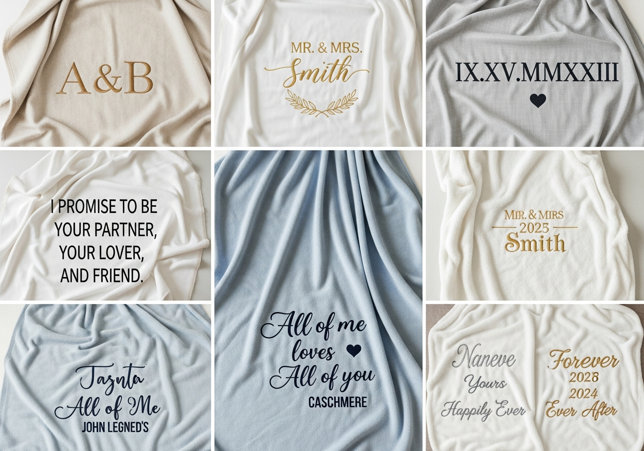 Monogrammed and text-based custom wedding blanket designs showing Mr and Mrs personalization wedding vows lyrics and love quotes on various blanket materials