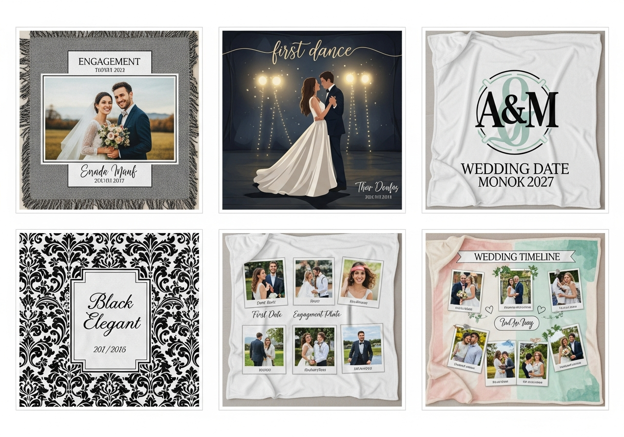 Wedding photo blanket design ideas showing engagement photo throw first dance blanket and couples photo collage layout examples