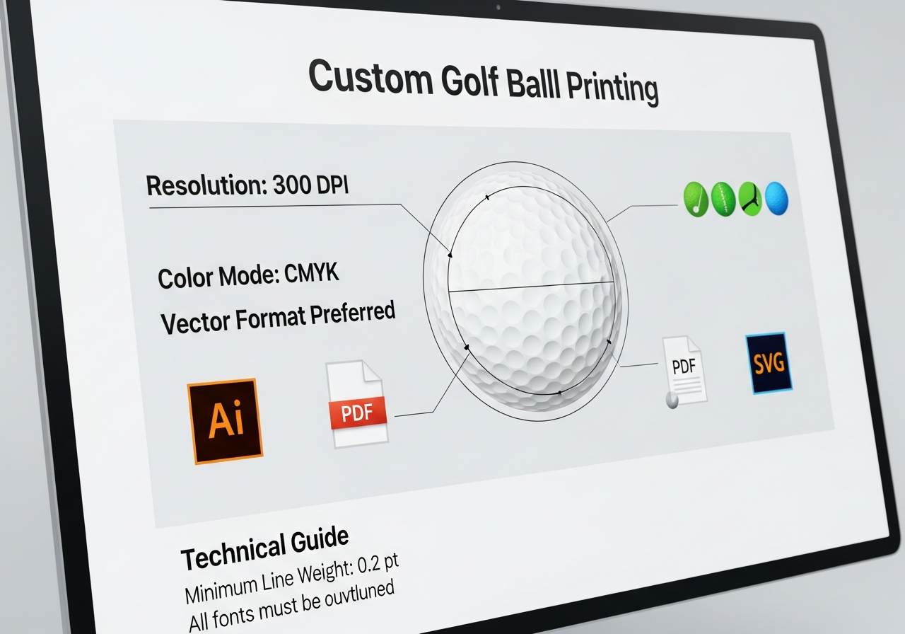Design file requirements infographic showing 300 DPI resolution vector format and PMS color matching specifications for custom golf ball printing