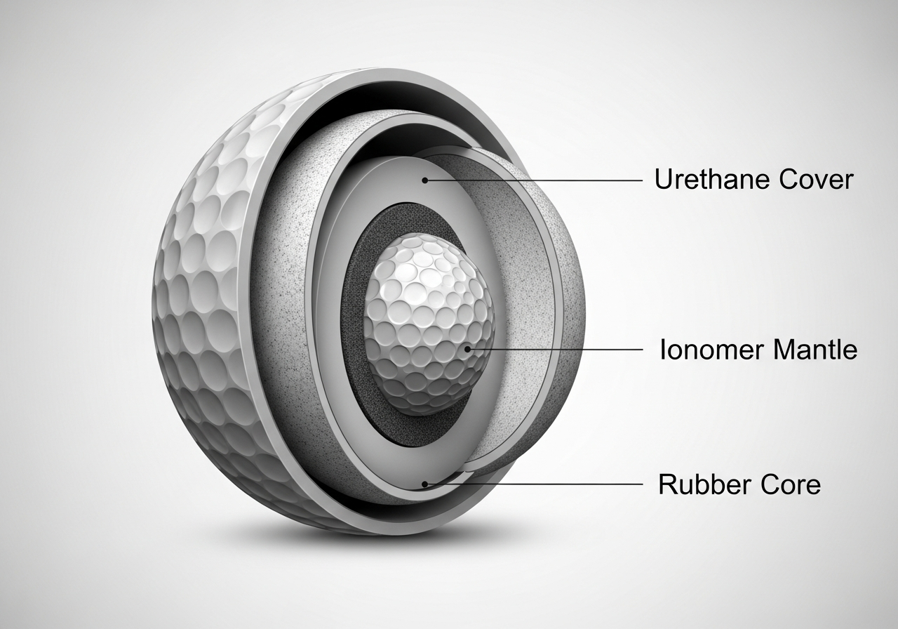 Cutaway diagram showing 2-piece 3-piece and 4-piece custom golf ball construction layers with surlyn and urethane covers