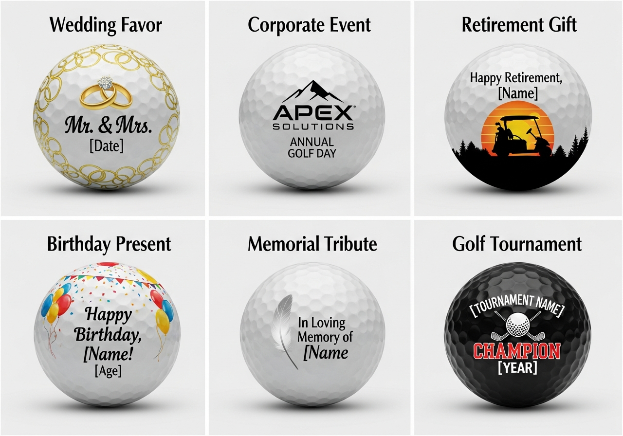 Grid showing custom golf ball ideas for corporate gifts weddings birthdays retirement and memorial occasions