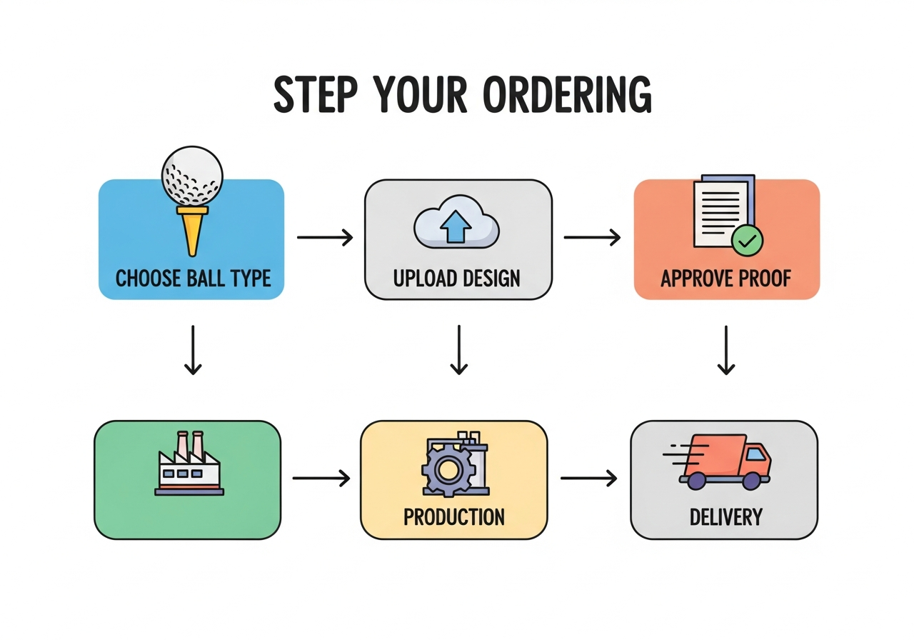 Step-by-step flowchart showing the custom golf ball ordering process from ball selection to delivery