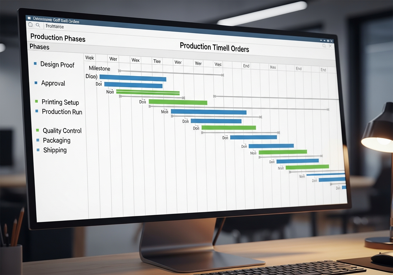 Production timeline infographic showing bulk custom golf ball lead time from design approval to delivery