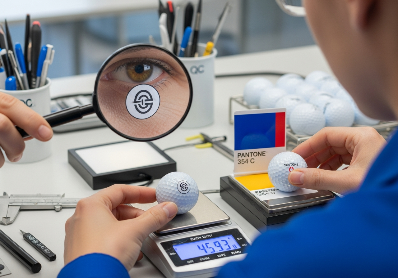 Quality control inspection process for bulk custom golf balls showing print quality checks and defect identification