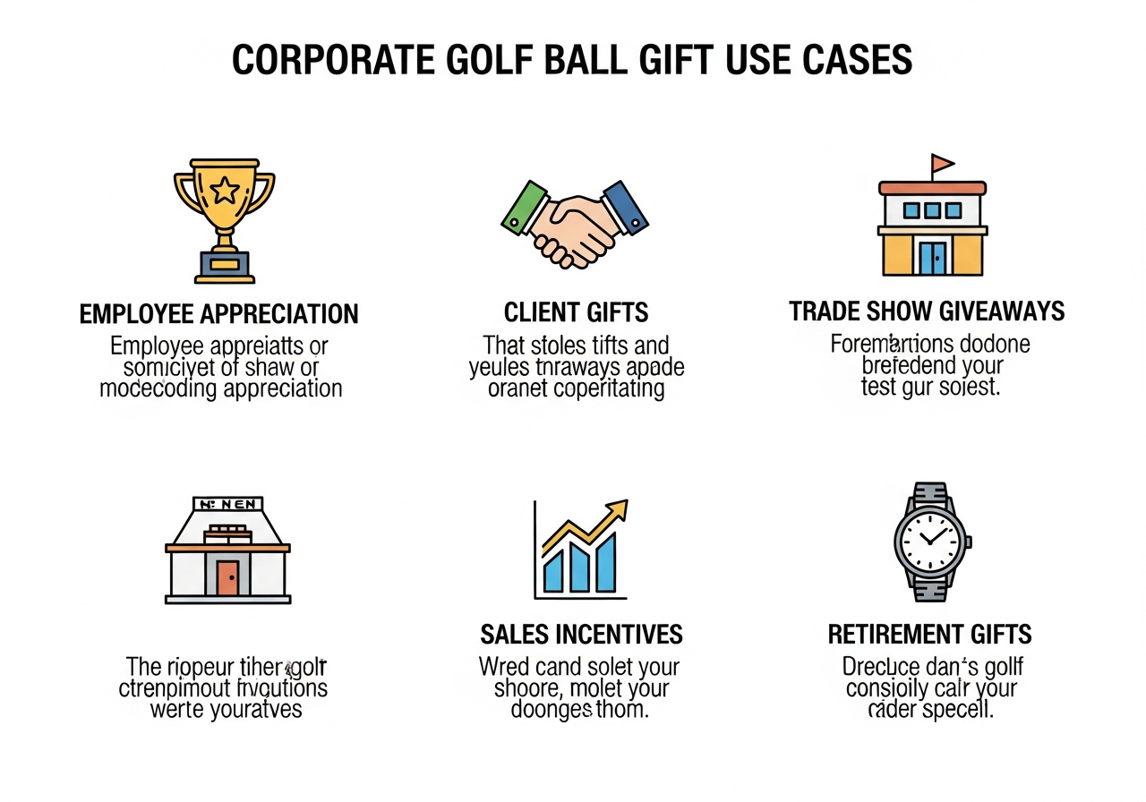 Corporate golf gift use cases showing client appreciation employee gifts trade show giveaways and executive gift scenarios