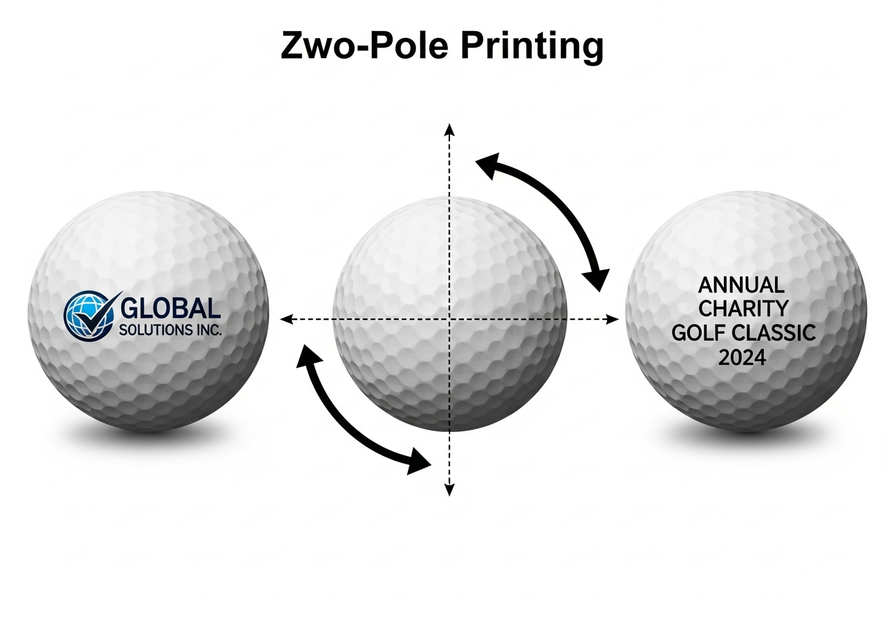 Two-pole logo placement diagram showing primary company logo and secondary event details on opposite sides of custom golf ball